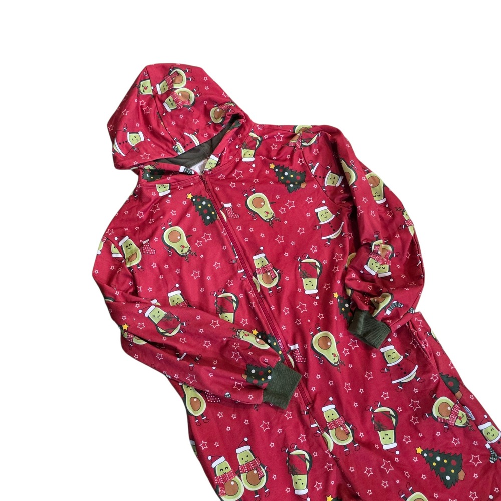 Funziez Christmas Avocado Pajamas One Piece‎ Hooded Jumpsuit Red Medium READ